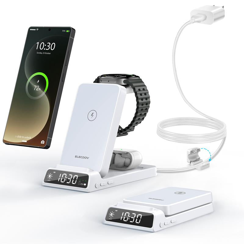 5-In-1 Wireless Charging Station with Digital Clock, Foldable for Easy Storage, and Equipped with a USB-C Port—Compatible with Iphone, Android Devices, Samung Watch, and Airpods. ELECDOV Ce20S—The Perfect Gift.