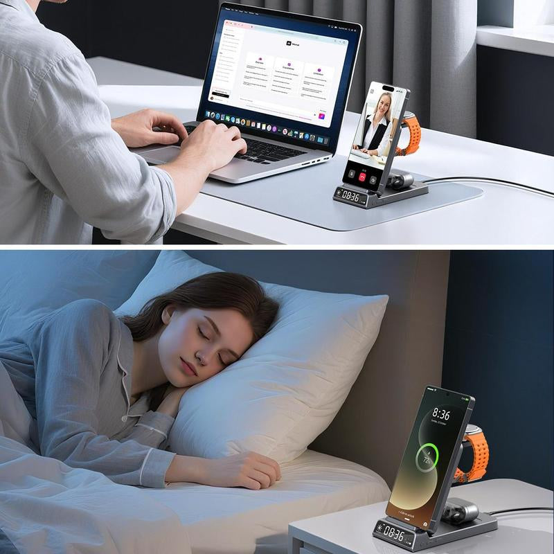 5-In-1 Wireless Charging Station with Digital Clock, Foldable for Easy Storage, and Equipped with a USB-C Port—Compatible with Iphone, Android Devices, Samung Watch, and Airpods. ELECDOV Ce20S—The Perfect Gift.