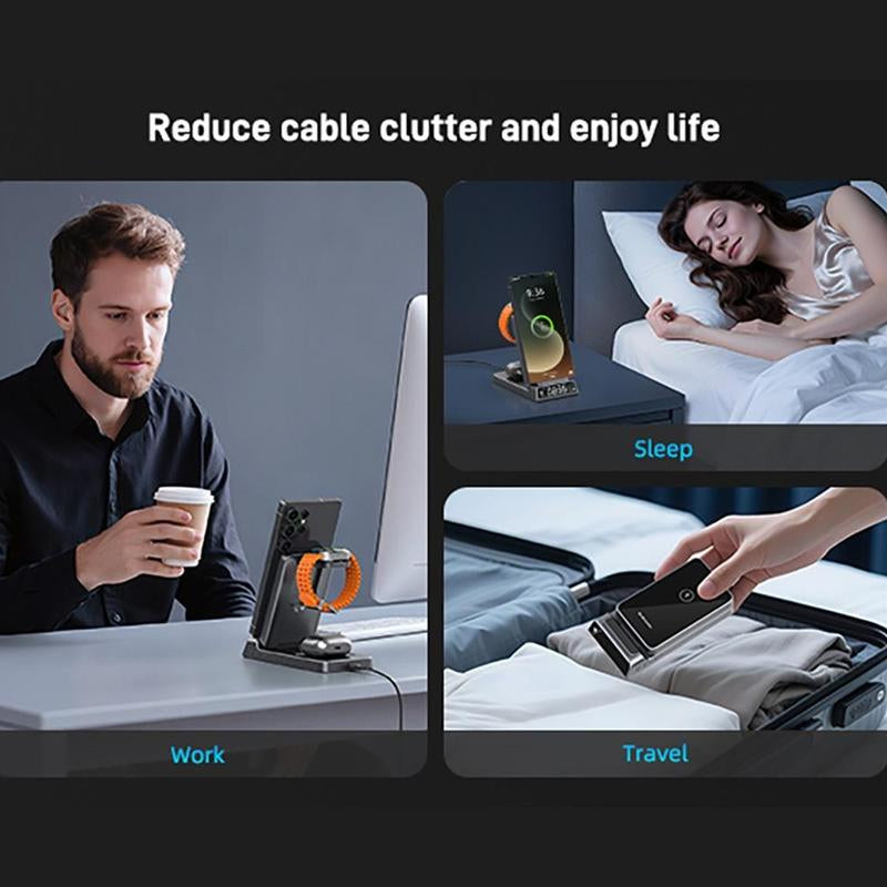 5-In-1 Wireless Charging Station with Digital Clock, Foldable for Easy Storage, and Equipped with a USB-C Port—Compatible with Iphone, Android Devices, Samung Watch, and Airpods. ELECDOV Ce20S—The Perfect Gift.