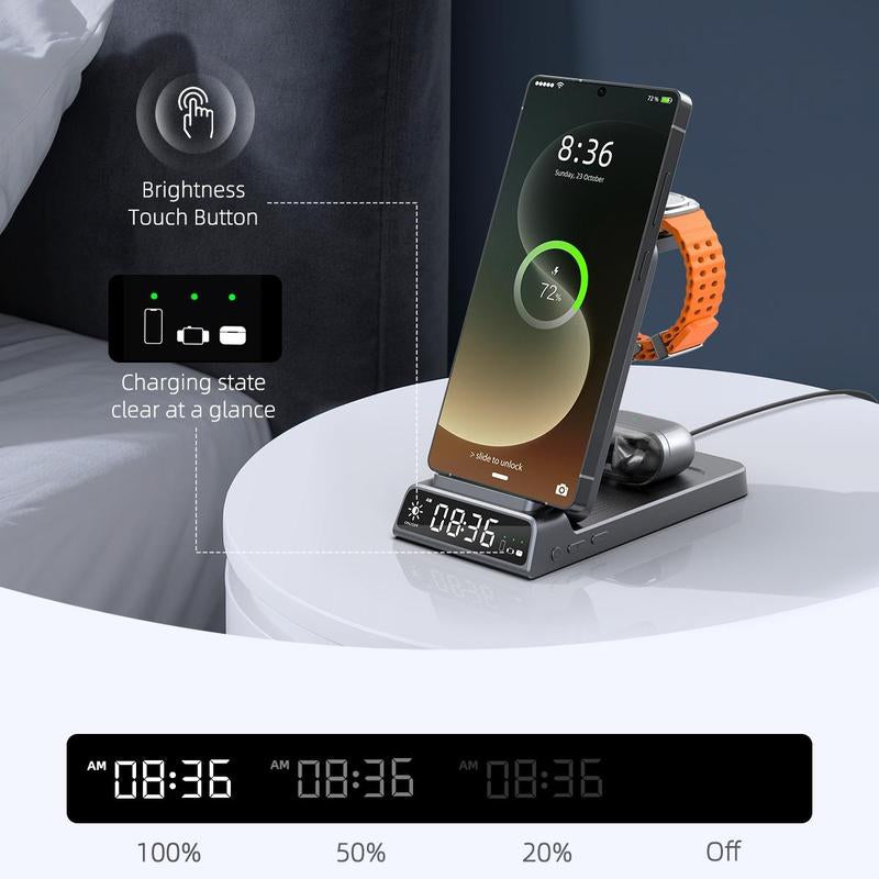 5-In-1 Wireless Charging Station with Digital Clock, Foldable for Easy Storage, and Equipped with a USB-C Port—Compatible with Iphone, Android Devices, Samung Watch, and Airpods. ELECDOV Ce20S—The Perfect Gift.