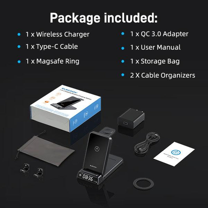 5-In-1 Wireless Charging Station with Digital Clock, Foldable for Easy Storage, and Equipped with a USB-C Port—Compatible with Iphone, Android Devices, Samung Watch, and Airpods. ELECDOV Ce20S—The Perfect Gift.