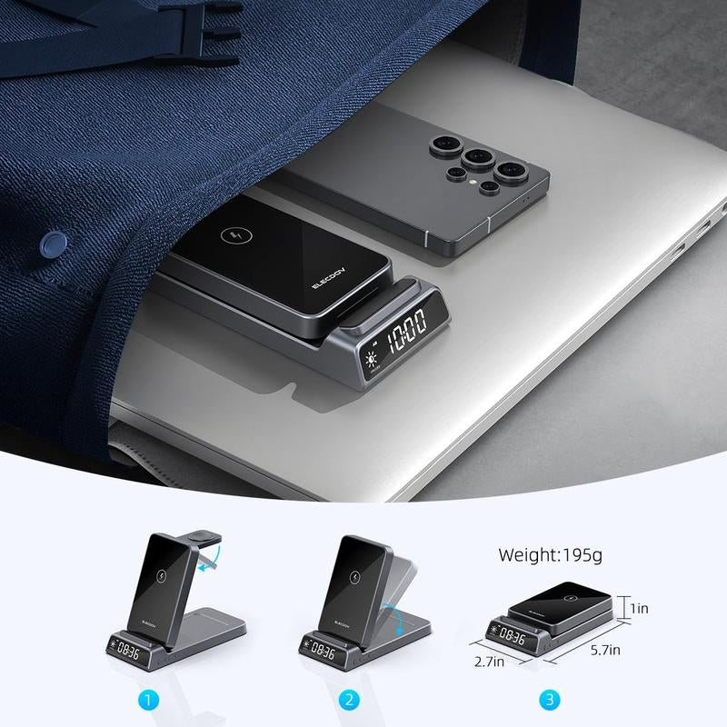 5-In-1 Wireless Charging Station with Digital Clock, Foldable for Easy Storage, and Equipped with a USB-C Port—Compatible with Iphone, Android Devices, Samung Watch, and Airpods. ELECDOV Ce20S—The Perfect Gift.
