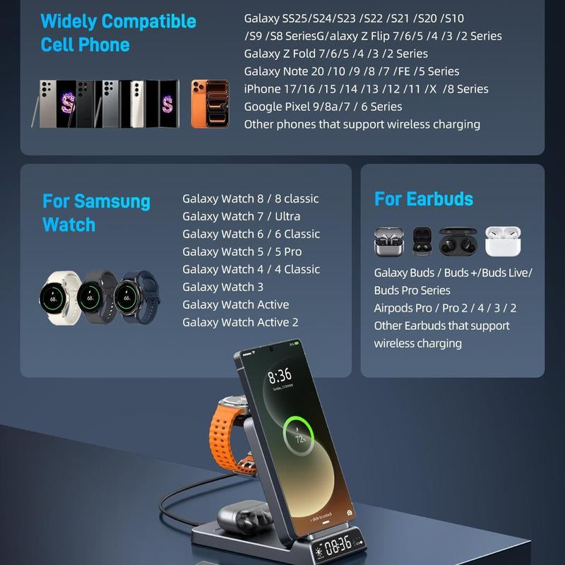 5-In-1 Wireless Charging Station with Digital Clock, Foldable for Easy Storage, and Equipped with a USB-C Port—Compatible with Iphone, Android Devices, Samung Watch, and Airpods. ELECDOV Ce20S—The Perfect Gift.